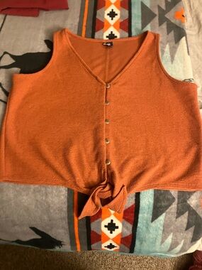 Route 66 Rust Orange Button-Tie V-Neck Tank Terra Cotta summer top